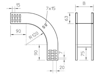 Dimensional drawing 1 OBO RBV 620 F FS Bend for cable tray  solid wall 
