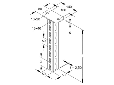 Dimensional drawing Niedax HU 5050 800 Ceiling profile for cable tray 805mm