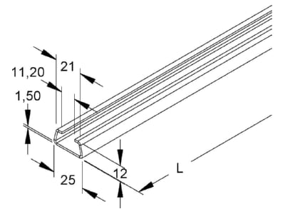 Dimensional drawing Niedax 2920 2 BO C profile 2000x25x12mm