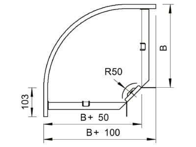Mazeichnung 2 OBO RB 90 310 FT Bogen 90 horizontal mit W inkelverbinder