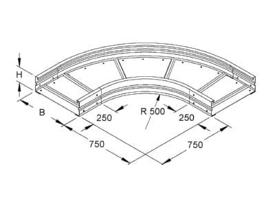 Dimensional drawing Niedax WRBR 150 200 Bend for cable tray  solid wall 