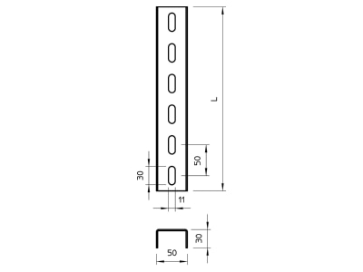 Dimensional drawing 1 OBO US 3 100 A2 U profile 1000x50x30mm US 3 100 VA4301
