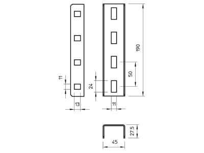 Mazeichnung 2 OBO VUS 3 A2 U Stiel Verbinder 190x45mm