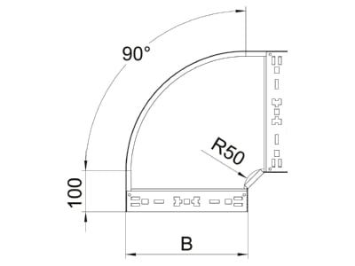 Dimensional drawing 1 OBO RBM 90 630 FS Bend for cable tray  solid wall 
