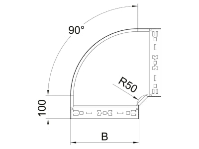 Dimensional drawing 1 OBO RBM 90 650 FS Bend for cable tray  solid wall 
