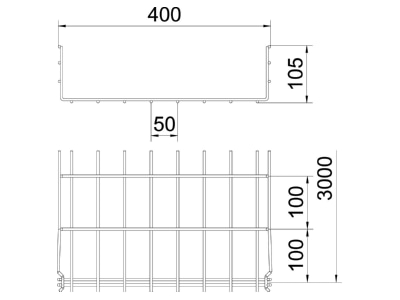 Dimensional drawing 2 OBO GRM 105 400 A4 Mesh cable tray 105x400mm GRM105 400VA4401