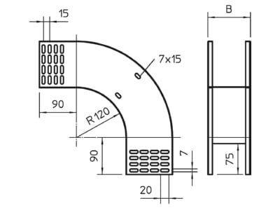 Dimensional drawing 2 OBO RBV 110 F FT Bend for cable tray  solid wall 