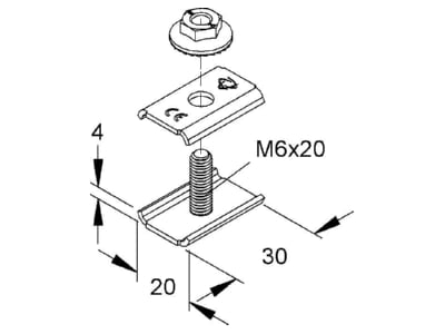 Dimensional drawing Niedax GRV M6X20 V Length  and angle joint for cable tray