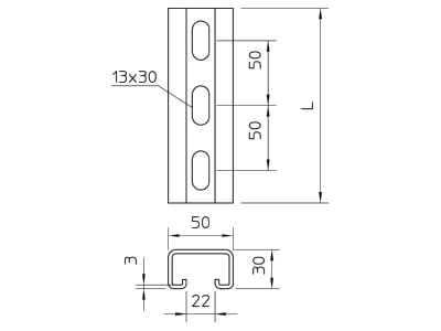 Mazeichnung 1 OBO MS5030P1500FT Profilschiene gelocht 1500x50x30  St  FT