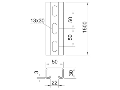 Mazeichnung 2 OBO MS5030P1500FT Profilschiene gelocht 1500x50x30  St  FT