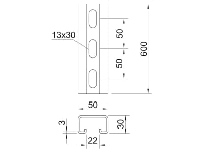 Mazeichnung 3 OBO MS5030P0600FT Profilschiene gelocht 600x50x30  St  FT