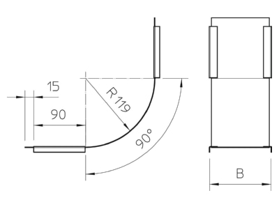 Dimensional drawing 1 OBO DBV 150 S FS Bend cover for cable tray 150mm
