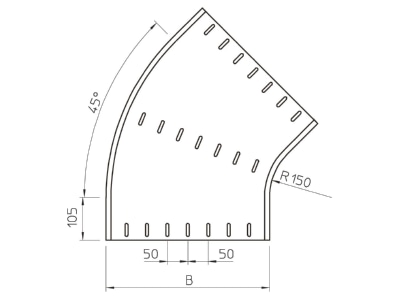 Dimensional drawing 1 OBO RB 45 140 FT Bend for cable tray  solid wall 
