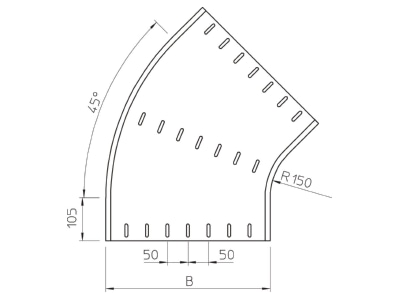 Dimensional drawing 2 OBO RB 45 155 FT Bend for cable tray  solid wall 