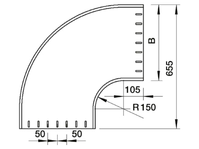 Dimensional drawing 1 OBO RBU 90 650 A2 Bend for cable tray  solid wall  RBU 90 650VA4301
