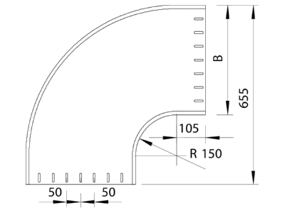 Dimensional drawing 2 OBO RBU 90 650 A2 Bend for cable tray  solid wall  RBU 90 650VA4301