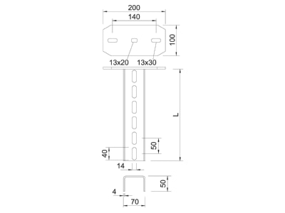 Dimensional drawing 2 OBO US 7 K 110 A2 Ceiling profile for cable tray 1100mm US 7 K 110VA4301