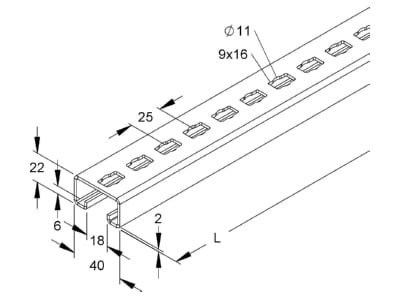 Dimensional drawing Niedax 2986 200 FKL C profile 200x40x22mm