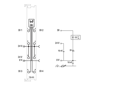 Circuit diagram WAGO 750 433 Fieldbus digital module 4 In   0 Out