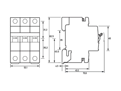 Dimensional drawing Doepke DLS 6H B20 3 6 kA Miniature circuit breaker 3 p B20A