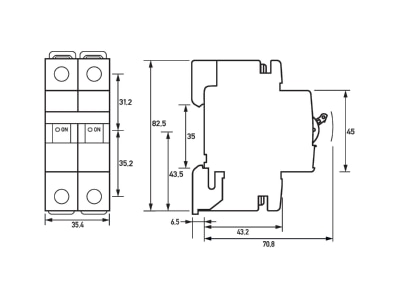 Dimensional drawing Doepke DLS 6I C32 1 N 10KA Miniature circuit breaker 2 p C32A