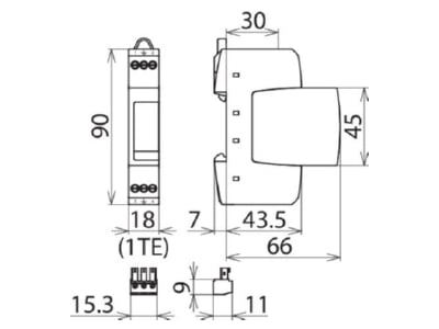 Dimensional drawing 1 DEHN DR M 2P 60 FM Surge protection device 48V 2 pole
