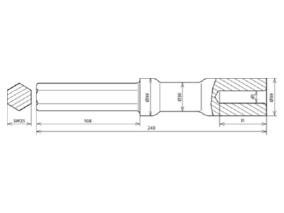 Dimensional drawing 3 Dehn 620 008 Hammer insert for earthing rod