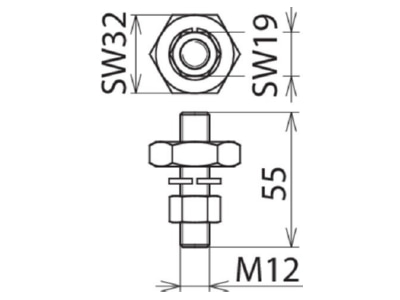 Dimensional drawing 1 DEHN AS SCHR M12 55 Fixed ball point for earthing and short
