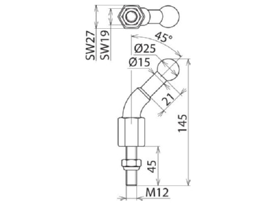 Maßzeichnung 2 DEHN KFP 25 W45 M12 45SSM Kugelfestpunkt D25mm 45Gr  abgew 