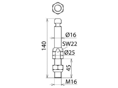 Dimensional drawing 1 DEHN EFP 16 RN M16 45 SSM Fixed ball point for earthing and short
