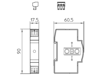 Dimensional drawing 2 OBO VF12 AC DC FS Surge protection device 12V 2 pole