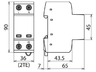 Maßzeichnung 2 Dehn DSH TT 2P 255 Kombi Ableiter fuer TT TN Systeme 
