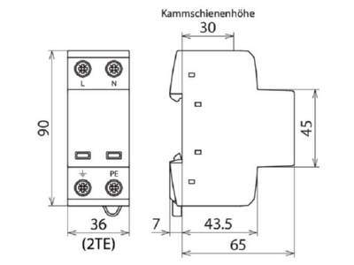 Maßzeichnung 3 Dehn DSH TT 2P 255 Kombi Ableiter fuer TT TN Systeme 