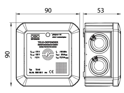 Mazeichnung 2 OBO TD 4 I Ueberspannungsschutzgeraet f  TK Anlagen  weiss