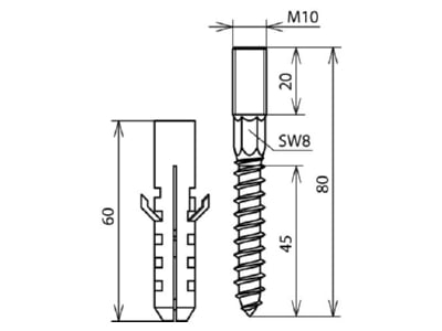 Dimensional drawing 1 Dehn BFS M10X20 PAS V2A Mounting material
