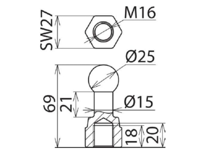 Dimensional drawing 3 Dehn KFP 25 M16 Fixed ball point for earthing and short