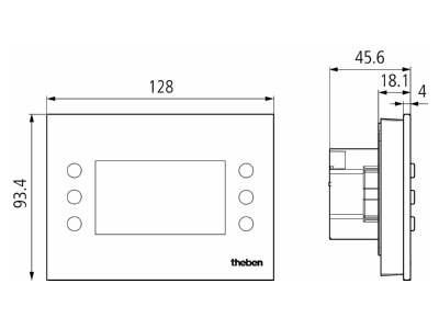 Dimensional drawing Theben 8269210 EIB  KNX room controller  display with multifunction in white glass design