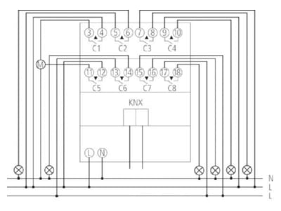 Circuit diagram Theben RM 8 T KNX EIB  KNX switching actuator 8 fold or blind shutter actuator 4 fold 
