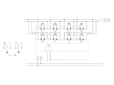 Circuit diagram Theben JM 8 T 24V KNX EIB  KNX sunblind shutter actuator 8 ch 
