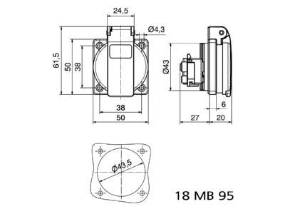 Dimensional drawing Bals 71094 Panel mounted socket outlet with