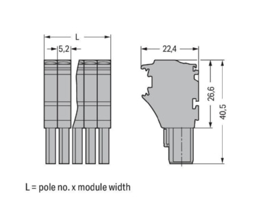 Dimensional drawing WAGO 2022 105 Terminal strip 5 p 0 25   4mm 