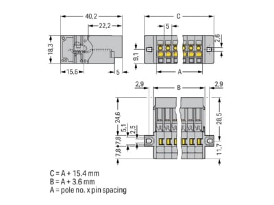 Dimensional drawing WAGO 769 605 002 000 Terminal strip 5 p 0 08   4mm 