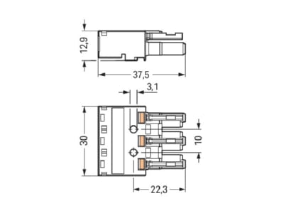 Dimensional drawing WAGO 770 1303 Connector plug in installation