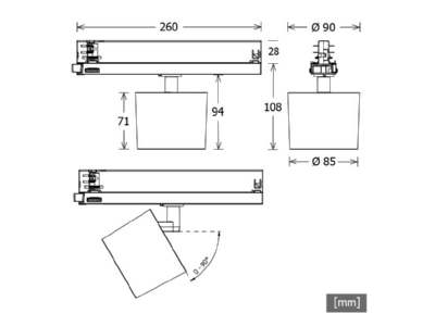 Mazeichnung LTS ORYOT203927 25DALIws LED Stromschienenstrahler 2700K DALI
