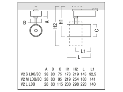 Dimensional drawing Zumtobel V2 L 3800   60716732 Downlight spot floodlight V2 L 3800  60716732