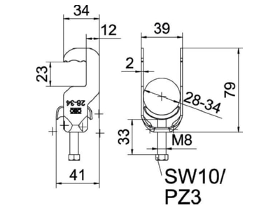 Mazeichnung 1 OBO BS RS1 M 34 FT Buegelschelle 28 34mm