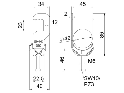 Mazeichnung 2 OBO BS RS1 M 40 FT Buegelschelle 34 40mm