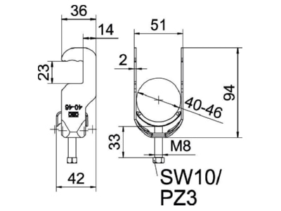 Dimensional drawing 1 OBO BS RS1 M 46 FT One piece strut clamp 40   46mm
