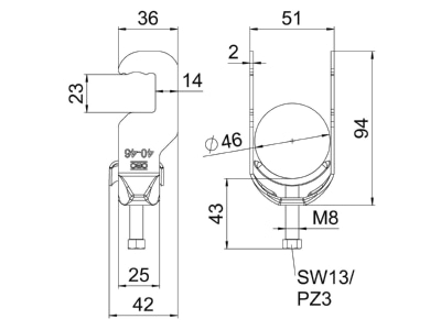 Dimensional drawing 2 OBO BS RS1 M 46 FT One piece strut clamp 40   46mm