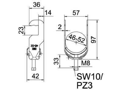 Dimensional drawing 1 OBO BS RS1 M 52 FT One piece strut clamp 46   52mm
